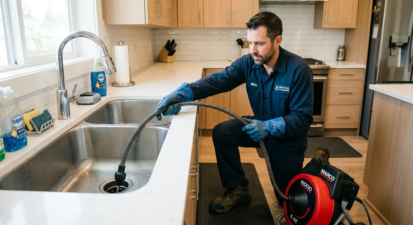 Drain cleaning technician using a motorized snake on a kitchen sink in Port Chester