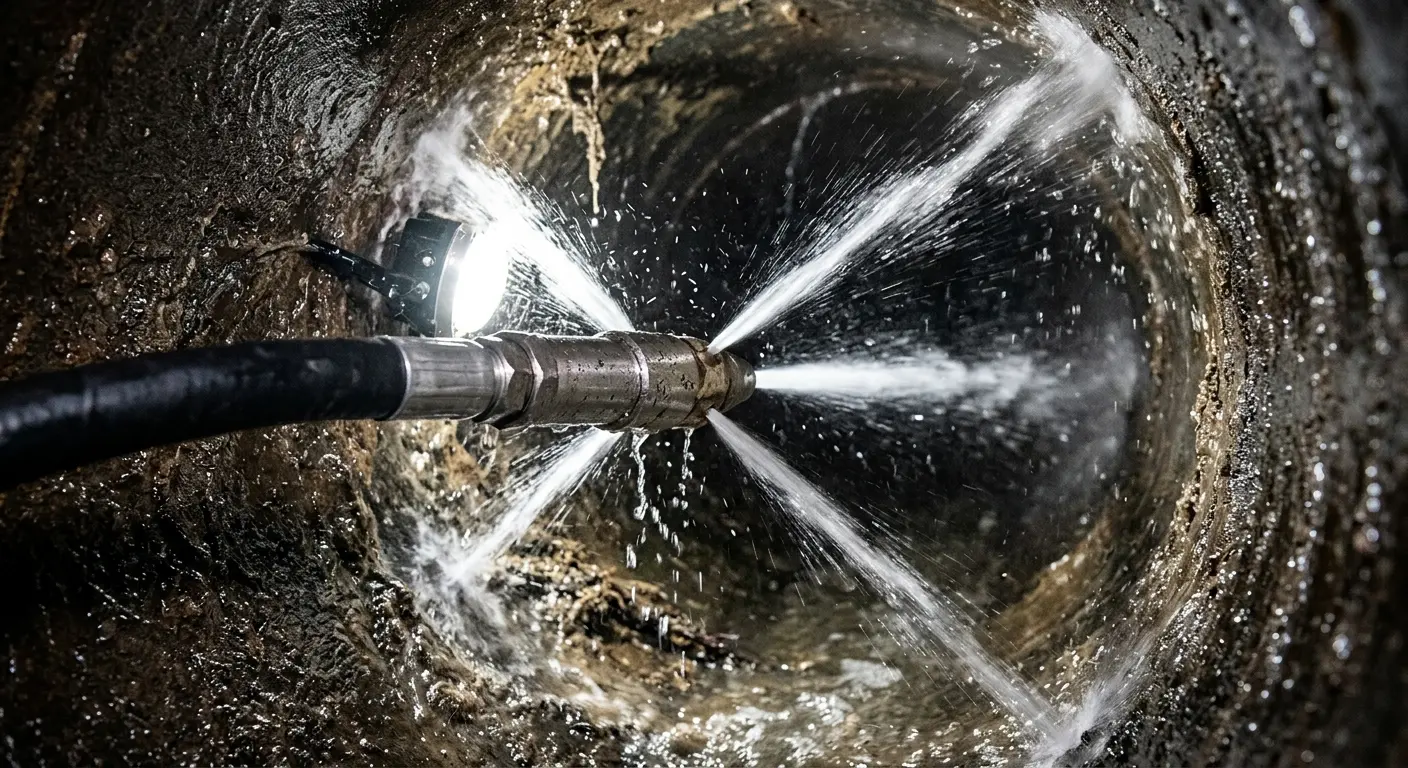 High-pressure hydro jetting nozzle cleaning sewer pipe for Storm Drain Cleaning in Port Chester