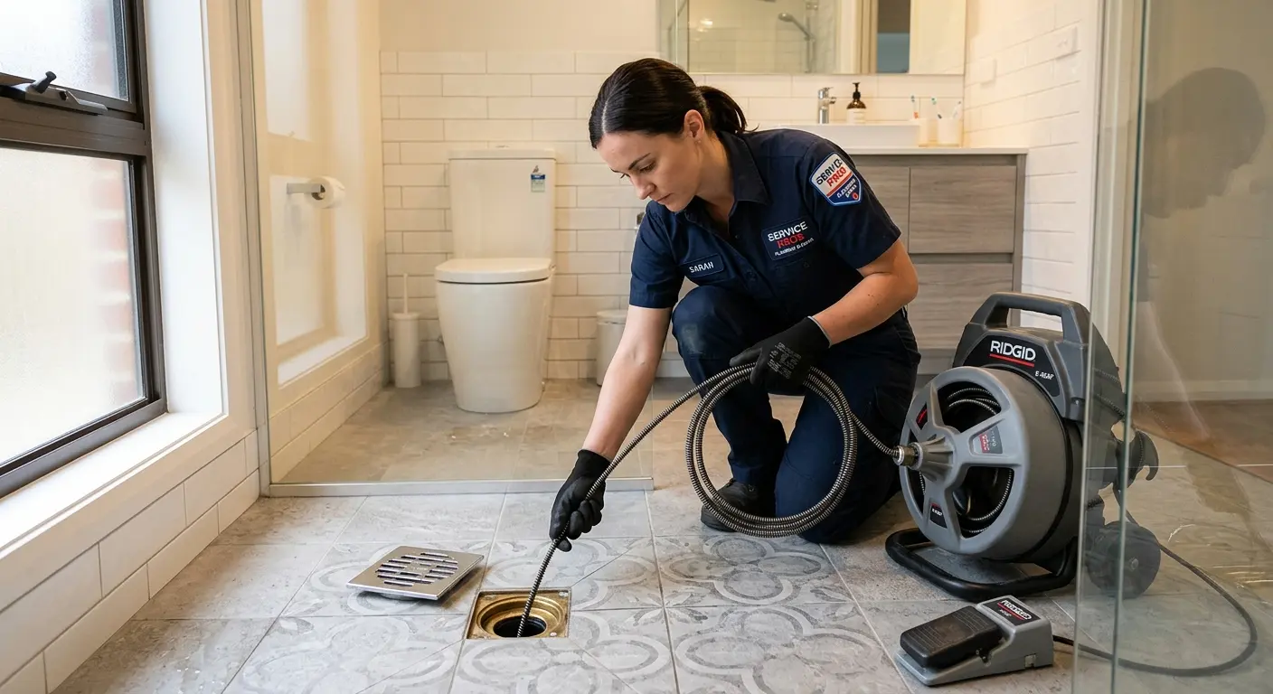 Technician clearing a bathroom floor drain for Sewer Line Replacement in Port Chester